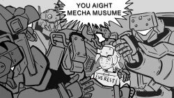  1girl 4others blush borrowed_character box cardboard_armor cardboard_box cardboard_costume character_request closed_mouth commentary cosplay curly_hair english_text everest_(lancer_rpg) greyscale headpat highres hug lancer_rpg mask mask_on_head mecha meme monochrome multiple_others original peyton_gee raised_inner_eyebrows robot short_hair smile untranslatable_commentary upper_body you_aight_white_boy_(meme) 