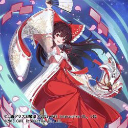  1girl ahoge alternate_costume arm_up arrow_(projectile) artist_request bow breasts brown_hair chest_sarashi commentary_request copyright_notice detached_sleeves falling_petals folding_fan frilled_bow frilled_hair_tubes frills gothic_wa_mahou_otome hair_bow hair_tubes hakurei_reimu hamaya hand_fan holding holding_arrow holding_fan japanese_clothes kimono long_hair looking_at_viewer official_art petals pink_petals red_bow red_eyes red_kimono ribbon-trimmed_sleeves ribbon_trim sandals sarashi second-party_source small_breasts socks solo touhou touhou_gensou_eclipse translation_request very_long_hair white_socks 