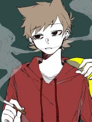  1boy animification antenna_hair banana brown_hair cigarette commentary drawstring eddsworld english_commentary flipped_hair food fruit green_background hair_behind_ear hair_ears holding holding_cigarette holding_food holding_fruit hood hood_down hoodie jitome kion-aaaaa long_sleeves looking_to_the_side male_focus red_eyes red_hoodie short_hair simple_background smoke smoking solo swept_bangs tord_(eddsworld) upper_body 