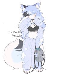  1girl :3 animal_ear_fluff animal_ears animal_feet bag bag_charm black_choker black_sclera black_streaks blue_eyes blue_fur blue_hair body_fur bright_pupils charm_(object) choker clothing_request colored_sclera commentary crop_top fluffy furry furry_female gomafuto heterochromia highres holding holding_bag hood hood_down hoodie long_hair multicolored_hair navel open_clothes open_hoodie original pants simple_background sleeves_past_fingers sleeves_past_wrists stomach streaked_hair tail white_background white_fur 