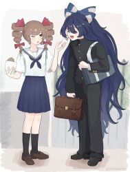  2girls alternate_costume bag black_pants black_socks blue_bag blue_bow blue_hair blue_neckerchief blue_skirt bow brown_bag brown_shoes closed_eyes commentary_request contemporary crossdressing crossdressing_(ftm) drill_hair feeding food gakuran hair_bow highres holding holding_bag holding_food kneehighs loafers long_hair multiple_girls neckerchief one_eye_closed open_mouth orange_eyes orange_hair pants pleated_skirt sailor_collar sailor_shirt school_bag school_uniform shirt shoes short_sleeves siblings sisters skirt smile socks tktkhappymchyru touhou twin_drills twitter_username very_long_hair white_sailor_collar yorigami_jo'on yorigami_shion 