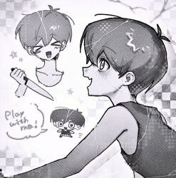  >_< 1boy :d antenna_hair black_hair black_tank_top blush blush_stickers colored_skin commentary_request english_text fang highres male_focus nn_0m0 omori omori_(omori) open_mouth shattered_omori_(omori) short_hair single_blush_sticker skin_fang smile solo speech_bubble tank_top white_eyes white_skin xd 