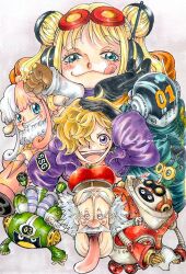  3girls 4boys black_gloves blue_eyes clenched_hand coat commentary double_bun dr._vegapunk freckles gloves hair_bun hair_over_one_eye headphones helmet highres holding holding_paper jacket momopine_op multicolored_hair multiple_boys multiple_girls old old_man one_piece paper pink_hair purple_jacket robot sidelocks tongue tongue_out traditional_media two-tone_hair vegapunk_atlas vegapunk_edison vegapunk_lilith vegapunk_pythagoras vegapunk_shaka vegapunk_york violet_eyes white_hair 