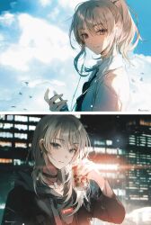  1girl black_choker black_jacket black_necktie blush can canned_coffee choker closed_mouth commentary drink_can girls_band_cry grey_eyes grey_hair grey_hoodie hair_between_eyes hashtag-only_commentary highres holding holding_can holding_mp3_player hood hood_down hoodie jacket kawaragi_momoka long_hair long_sleeves mp3_player necktie open_clothes open_jacket ponytail school_uniform shirt shusuzu sidelocks untranslatable_commentary white_shirt 