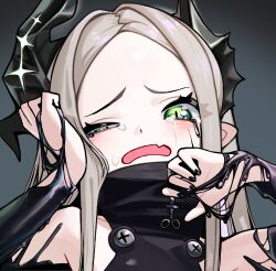  1girl black_horns black_liquid black_nails commentary_request crying fang forehead goddess_of_victory:_nikke gotgozy green_eyes grey_hair highres horns korean_commentary leviathan_(nikke) liquid_clothes long_hair looking_at_viewer one_eye_closed open_mouth pointy_ears simple_background skin_fang tears 