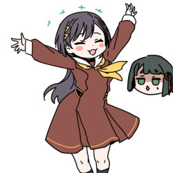  +++ 2girls :3 :d arms_up black_hair black_socks blush_stickers brown_dress chibi chibi_inset commentary_request diamond_mouth dress facing_viewer feet_out_of_frame hair_ornament hasu_no_sora_school_uniform jellyfish_cut jitome katsuragi_izumi kneehighs link!_like!_love_live! long_hair long_sleeves love_live! medium_dress momose_ginko multiple_girls neckerchief open_mouth outstretched_arms pleated_dress raised_inner_eyebrows sailor_collar sailor_dress school_uniform shaded_face shinanoya_(satanicad) simple_background smile socks spread_arms standing sunglasses sweatdrop triangle_hair_ornament virtual_youtuber white_background white_sailor_collar winter_uniform yellow_neckerchief 