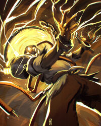  1boy absurdres cable coil commentary cuffs deadlock_(game) electricity english_commentary hat headpiece highres lightning lynert male_focus orange_pants pants prisoner seven_(deadlock) shackles shirt simple_background solo tail 