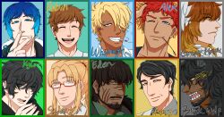  6+boys alex_(degrees_of_lewdity) alex_(male)_(degrees_of_lewdity) animal_ears avery_(degrees_of_lewdity) avery_(male)_(degrees_of_lewdity) beard black_hair black_wolf_(degrees_of_lewdity) black_wolf_(male)_(degrees_of_lewdity) blonde_hair blue_eyes blue_hair blush brown_eyes brown_hair character_name cigarette closed_eyes commentary degrees_of_lewdity ear_piercing eden_(degrees_of_lewdity) eden_(male)_(degrees_of_lewdity) english_commentary eyebrow_piercing face_piercing facial_hair glasses great_hawk_(degrees_of_lewdity) great_hawk_(male)_(degrees_of_lewdity) grey_hair grin hair_over_one_eye hat head_wings kylar_(degrees_of_lewdity) kylar_(male)_(degrees_of_lewdity) mouth_hold multiple_boys mustache one_eye_closed open_mouth original piercing player_character_(degrees_of_lewdity) player_character_(male)_(degrees_of_lewdity) red-framed_eyewear red_hair robin_(degrees_of_lewdity) robin_(male)_(degrees_of_lewdity) salsethoover996 scar scar_on_cheek scar_on_face sharp_teeth smile stalk_in_mouth straw_hat sydney_(degrees_of_lewdity) sydney_(male)_(degrees_of_lewdity) teeth whitney_(degrees_of_lewdity) whitney_(male)_(degrees_of_lewdity) wings wolf_boy wolf_ears yellow_eyes 