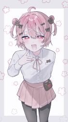  1boy ahoge arm_behind_back black_bow black_pantyhose border bow bright_pupils collared_shirt commentary_request crossdressing crossdressing_(mtf) double_bun fang grey_border hair_between_eyes hair_bow hair_bun highres looking_at_viewer male_focus neck_ribbon nekomimi_hotate open_mouth original outside_border pantyhose pink_hair pink_ribbon pink_skirt pleated_skirt red_eyes ribbon shirt short_hair skirt solo trap two_side_up white_shirt 