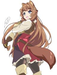  1girl :d animal_ear_fluff animal_ears armor belt black_dress black_pantyhose blue_eyes boots breastplate brown_belt brown_boots brown_gloves brown_hair commentary_request cosplay cowboy_shot dress drill_hair elbow_gloves from_behind gloves hair_ornament hairclip hand_up holding_hair_tube layered_dress long_hair long_sleeves looking_to_the_side metal_hair_tubes open_mouth pantyhose raccoon_ears raccoon_girl raccoon_tail raphtalia raphtalia_(cosplay) sakurajima_mai seishun_buta_yarou seto_asami short_dress simple_background sleeveless sleeveless_dress smile solo standing straight_hair tail tanuki_hair_ornament tate_no_yuusha_no_nariagari thigh_boots twin_drills two-tone_dress umanosuke voice_actor_connection white_background white_dress zettai_ryouiki 