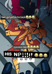  1girl alcides_(fate) armor blonde_hair commentary defeat dress emoticon english_commentary fate/strange_fake fate_(series) fillia_(fate) gilgamesh_(fate) gold_armor heracles_(fate) highres ishtar_(fate) meme multiple_boys sonic1nstinct white_hair 