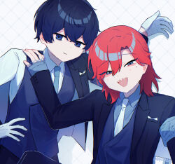  2boys :d black_hair black_jacket blue_eyes blue_shirt blue_vest butler chair collared_shirt commentary_request dress_shirt formal_clothes gloves hand_on_another's_shoulder hyoutenka_30-do_no_zetsubou jacket kasugano_(owf_ksg) kuchinashi_dabi male_focus mole mole_under_eye multiple_boys off_shoulder red_hair sharp_teeth shirt sitting smile teeth tonimura_yui upper_body vest white_gloves white_shirt 