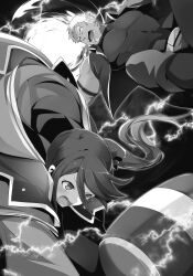  029 1boy 1girl arubato_ende belt blush boots collared_jacket earrings facial_hair floating flower flower_ornament greyscale hair_between_eyes hair_flower hair_ornament hammer hataraku_maou-sama! highres holding holding_hammer hooded_robe jacket jewelry kamazuki_suzuno lightning long_hair mature_male monochrome muscular muscular_male novel_illustration official_art open_mouth pants robe shirt short_hair side_ponytail sleeveless sleeveless_jacket third-party_source v-shaped_eyebrows very_short_hair 