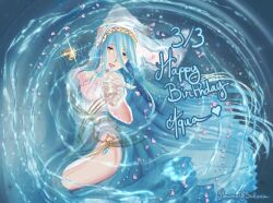  1girl artist_name azura_(fire_emblem) beckoning blue_hair dated double-parted_bangs dress english_text fire_emblem fire_emblem_fates floating_hair flowersofsakura hair_between_eyes happy_birthday highres jewelry long_hair looking_at_viewer mixed-language_commentary necklace offering_hand open_hand open_mouth outstretched_hand palms pendant petals petals_on_liquid pink_petals reaching reaching_towards_viewer ripples smile solo underwater very_long_hair water waves white_dress yellow_eyes 