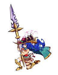  1girl ;( absurdres armor armored_boots bandaged_leg bandages belt blue_hair boots breasts brown_gloves brown_skirt cape commentary commission dang_(runescape) duellist's_cap_(tier_6) english_commentary fingerless_gloves frown full_body gem gladiator gloves glowing_hat gold_trim green_belt green_cape green_gem hat highres holding holding_staff holding_weapon kneeling leg_armor leotard long_hair mage_staff medium_breasts old_school_runescape one_eye_closed original pixel_art poleyn red_leotard runescape second-party_source skirt solo staff step_dev1 sun_symbol thick_eyebrows very_long_hair weapon wince yellow_eyes 