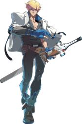  1boy belt black_pants black_shirt blonde_hair blue_eyes blue_gloves full_body gloves guilty_gear guilty_gear_strive highres jacket jacket_on_shoulders ky_kiske male_focus muscular muscular_male official_art pants sheath sheathed shirt short_hair solo sword transparent_background weapon white_jacket 