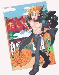  1boy abs anger_vein belt black_pants black_scarf black_shoes blonde_hair blue_sky bracelet brown_hair clouds coat collar commission fingerless_gloves fish food full_body gloves hand_in_pocket highres inkerton-kun jewelry live_a_live looking_at_viewer male_focus market_stall multicolored_hair muscular muscular_male nipples open_clothes open_coat open_mouth outdoors outline pants pectorals red_gloves scar scar_on_face scar_on_forehead scarf second-party_source shoes short_hair shoulder_pads skull_belt sky sleeves_rolled_up solo spiky_hair studded_belt studded_bracelet studded_collar studded_gloves tadokoro_akira taiyaki two-sided_coat two-sided_fabric two-tone_hair v-shaped_eyebrows wagashi walking white_outline 