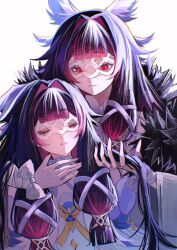  2girls black_hair blunt_bangs bow closed_eyes closed_mouth columbina_(genshin_impact) commentary dress dual_persona eye_mask genshin_impact hair_intakes hair_ribbon head_wings highres holding_another's_hair iragashi_m_m long_hair looking_at_another mask multicolored_hair multiple_girls parted_lips purple_hair red_eyes ribbon simple_background untranslatable_commentary white_background white_bow white_dress white_ribbon white_wings wings wrist_bow 