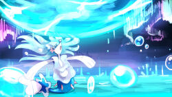  artist_name artsy-theo aurora bubble commentary english_commentary floating_hair full_body looking_up oceanic_operetta_(pokemon) open_mouth pokemon pokemon_(creature) pokemon_focus pokemon_move primarina solo water z-move 