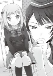  029 2girls blush bow breasts chair closed_mouth collared_shirt cut-in greyscale hand_on_own_cheek hand_on_own_face hands_on_own_thighs hat hataraku_maou-sama! highres holding holding_paper kisaki_mayumi large_breasts long_hair long_sleeves looking_at_viewer low_ponytail miniskirt monochrome multiple_girls novel_illustration official_art on_chair paper plaid_bow pleated_skirt ponytail sasaki_chiho school_uniform serafuku shirt sitting skirt socks third-party_source tsurime two_side_up 