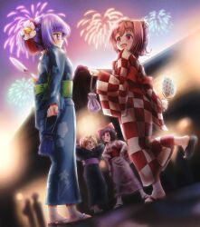  4girls aerial_fireworks alternate_costume bell black_kimono blonde_hair blue_kimono bow breasts brown_eyes brown_hair checkered_clothes checkered_kimono closed_mouth commentary_request dazonipsf fireworks floral_print floral_print_kimono flower frilled_bow frilled_hair_tubes frills green_sash hair_bell hair_bow hair_flower hair_ornament hair_tubes hakurei_reimu hand_fan hands_on_own_hips hieda_no_akyuu holding holding_fan japanese_clothes jingle_bell kimono kirisame_marisa long_hair missing_headwear motoori_kosuzu multiple_girls obi open_mouth pink_eyes print_kimono purple_sash red_bow red_sash sash small_breasts smile touhou white_flower yellow_eyes yukata 