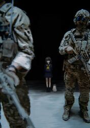  1girl 2boys absurdres bird black_background black_hair black_shoes black_socks blue_eyes blue_serafuku blurry blurry_foreground closed_mouth gun highres holding holding_gun holding_weapon looking_at_viewer military_uniform miniskirt multiple_boys neckerchief original penguin pleated_skirt school_uniform serafuku shoes skirt smile socks soldier standing suibotsu_(wired) trigger_discipline weapon yellow_neckerchief 