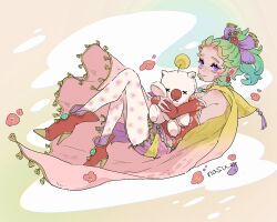  1girl artist_name bare_shoulders boots breasts cape closed_mouth commentary_request detached_sleeves dress eakanasu earrings eggplant final_fantasy final_fantasy_vi floating floral_print floral_print_pantyhose flower full_body gold_trim gradient_cape green_hair hair_bobbles hair_ornament hair_ribbon high_heel_boots high_heels highres jewelry medium_breasts moogle pantyhose pink_cape pink_flower pointy_ears ponytail print_pantyhose purple_ribbon red_boots red_dress red_sleeves ribbon sash short_dress sidelocks smile solo strapless strapless_dress stuffed_animal stuffed_toy terra_branford tube_dress violet_eyes waist_sash yellow_cape 