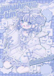  1girl bandaid bandaid_hair_ornament bare_shoulders blue_bow blue_bowtie blue_hair blunt_bangs blush bow bowtie commentary_request double_bun dress drop_shadow fork frilled_bow frills full_body gingham_bow gingham_bowtie grid_background hair_bow hair_bun hair_ornament heart highres holding holding_fork jacket long_sleeves looking_at_viewer multicolored_hair off_shoulder open_clothes open_jacket open_mouth original outline romaji_text sango_(35sangosan) short_hair sitting socks solo spoken_heart streaked_hair teeth upper_teeth_only wariza white_background white_bow white_dress white_outline white_socks white_streaks x_hair_ornament 