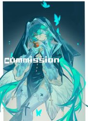  1girl apple black_dress bug butterfly commentary_request dress elbow_gloves food fruit gloves green_eyes green_hair highres holding holding_food holding_fruit lin_qing_(phosphorus_1104) looking_at_viewer nun original simple_background solo thigh-highs twintails veil white_thighhighs 