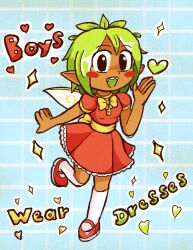  1boy belt black_eyes blue_background blush_stickers bow bowtie commentary crossdressing crossdressing_(mtf) double-parted_bangs dress english_commentary english_text fairy_wings fangs frilled_dress frills green_hair heart highres kapus kneehighs leg_up looking_at_viewer open_mouth original pink_dress pointy_ears puffy_short_sleeves puffy_sleeves red_shoes shoes short_hair short_sleeves simple_background smile socks solo sparkle striped_background teeth upper_teeth_only waving white_background white_socks white_wings wings yellow_belt yellow_bow yellow_bowtie yellow_trim 