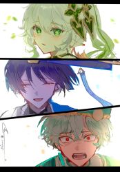  1girl 2boys aged_down akademiya_uniform aqua_hair aqua_hat aqua_jacket artist_name beret black_border black_tank_top blue_cape blue_hat blunt_ends blush border bright_pupils cape closed_eyes commentary_request crossed_bangs dottore_(genshin_impact) earrings empty_eyes eyeshadow floating_hair flower flower-shaped_pupils genshin_impact gold_trim gradient_hair green_eyes green_hair hair_between_eyes hair_flower hair_ornament hat hat_ornament heart heart_hair_ornament highres innagaja jacket jewelry jingasa korean_commentary leaf long_hair looking_at_viewer makeup multicolored_hair multiple_boys nahida_(genshin_impact) official_alternate_costume open_mouth pointy_ears purple_hair red_eyes red_eyeshadow scaramouche_(genshin_impact) shirt short_hair side_ponytail sidelocks simple_background single_earring smile symbol-shaped_pupils tank_top teeth tongue two-tone_hair upper_body wanderer_(genshin_impact) wavy_hair white_background white_hair white_pupils white_shirt wide-eyed 