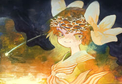  1girl bow commentary_request e.g.o_(project_moon) green_eyes hair_bow highres ishmael_(project_moon) limbus_company long_hair looking_at_viewer mochigome_138 neckerchief ocean orange_hair project_moon revealing_layer sailor_collar sidelocks snagharpoon_(e.g.o) solo striped_neckerchief subsurface_scattering sunset very_long_hair wavy_hair white_bow white_neckerchief white_sailor_collar 