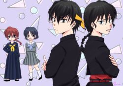  2boys 2girls black_hair blue_hair braid closed_mouth commentary_request grey_skirt hibiki_ryouga long_skirt male_focus multiple_boys multiple_girls pleated_skirt purple_background purple_hair ranma-chan ranma_1/2 red_hair sailor saotome_ranma school_uniform short_hair single_braid skirt tendou_akane uehara_doh v-shaped_eyebrows 