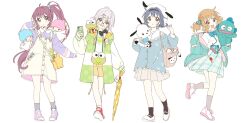  4girls :d :o asymmetrical_footwear black_hairband blue_bow blue_bowtie blue_eyes blue_hair blue_shirt blue_skirt blush_stickers bow bowtie braid brown_eyes brown_hair brown_socks cellphone closed_mouth coat commentary_request dot_nose double_horizontal_stripe fang full_body furutani_himawari glasses green_coat green_jacket grey_hair grey_skirt grey_socks hair_intakes hair_ornament hairband hairclip hand_up hangyodon hasunoue_keroppi hat highres holding holding_phone holding_umbrella hood hooded_coat ikeda_chitose jacket kero_kero_keroppi kiki_(little_twin_stars) lala_(little_twin_stars) little_twin_stars long_hair long_sleeves looking_at_viewer mismatched_footwear multiple_girls namori off_shoulder oomuro_sakurako open_clothes open_coat open_jacket open_mouth parallel_hairclips phone pink_shoes plaid_clothes plaid_skirt pleated_skirt pochacco polka_dot_coat purple_hair purple_shirt purple_shoes red_shoes sailor_collar sanrio shirt shoes short_hair shorts side_ponytail simple_background skirt sleeves_past_wrists smartphone smile sneakers socks standing standing_on_one_leg star_(symbol) star_hair_ornament sugiura_ayano twin_braids umbrella violet_eyes white_background white_hat white_sailor_collar white_shirt white_shoes yellow-framed_eyewear yellow_shorts yuruyuri 