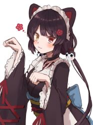  1girl :3 animal_ears apron back_bow black_choker blue_bow bow choker commentary_request dog_ears dog_girl flower frilled_sleeves frills furisode hair_flower hair_ornament hand_up heterochromia highres inui_toko inui_toko_(1st_costume) japanese_clothes kimono long_sleeves looking_at_viewer maid maid_apron maid_headdress nijisanji obi paw_pose red_eyes ryoha_kosako sash simple_background solo upper_body virtual_youtuber wa_maid waist_apron yellow_eyes 