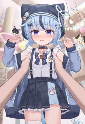  1girl absurdres aoraine black_skirt blue_eyes blue_hair blush bow collar collared_shirt commentary_request frills hair_ornament hat highres jacket looking_at_viewer multicolored_hair open_clothes open_jacket original pleated_skirt pov shirt single_thighhigh skirt streaked_hair suspender_skirt suspenders thigh-highs white_shirt white_thighhighs 