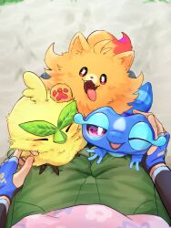  blue_skin browt closed_mouth colored_skin commentary_request english_commentary fangs feathers gecqua highres looking_at_viewer namekuj1hey one_eye_closed orange_fur pawpads pokemon pokemon_ww pombon smile tongue tongue_out yellow_feathers 