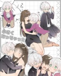  1girl 2boys angry black_coat black_dress black_gloves black_jacket black_necktie blush border brown_eyes brown_hair brown_pants chimaki95718471 closed_eyes closed_mouth coat collared_shirt commentary_request dress gloves green_eyes grey_border hair_between_eyes hand_on_another's_arm hand_on_another's_chin highres hug jacket licking licking_another's_cheek licking_another's_face long_hair looking_at_another multicolored_hair multiple_boys multiple_persona necktie nervous nervous_smile one_eye_closed open_clothes open_coat open_jacket open_mouth outline outside_border pants pink_coat pink_jacket pink_streaks pleading_eyes protagonist_(susanghan_messenger) ray_(susanghan_messenger) shirt short_hair simple_background sitting sleeveless sleeveless_dress smile streaked_hair surrounded susanghan_messenger sweatdrop tail_around_another's_waist tearing_up tears text_focus watermark white_hair white_outline white_shirt 