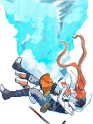  1boy 1girl absurdres antenna_hair bandaged_hand bandages belt_pouch bike_shorts bike_shorts_under_skirt bo_staff boots closed_mouth commentary_request cropped_jacket eiyuu_densetsu estelle_bright falling floating_hair hair_intakes highres hug joshua_bright long_hair morino_kaoru orange_hair orange_skirt pouch red_eyes scarf shirt shoes short_hair short_sleeves shorts shorts_under_skirt simple_background skirt sleeveless sleeveless_shirt sneakers sora_no_kiseki twintails white_scarf yellow_eyes 