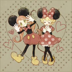  2girls ^_^ blonde_hair blush boots chocolat_meilleure closed_eyes commentary_request cosplay full_body green_eyes heart inaba_seiko lowres mickey_mouse mickey_mouse_&amp;_friends mickey_mouse_(cosplay) minnie_mouse minnie_mouse_(cosplay) minnie_mouse_ears multiple_girls orange_hair shoes sugar_sugar_rune vanilla_mieux yellow_shoes 