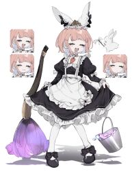  1girl :d animal_ears apron bad_id bad_twitter_id black_bow black_dress black_shoes bow broom bucket bucket_of_water carrot closed_eyes dress facing_viewer fake_animal_ears frilled_apron frilled_dress frills full_body ghost highres juliet_sleeves kuro_yagi_(usosakana) long_sleeves maid maid_apron open_mouth original pantyhose pink_hair puffy_sleeves rabbit_ears shoes skirt_hold smile standing white_apron white_background white_pantyhose 