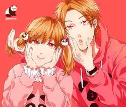  1boy 1girl :i :o aegyo_sal animal_print bear_print brother_and_sister cheek_squash commentary curtained_hair drawstring fingernails forehead frilled_shirt_collar frilled_sleeves frills hair_ornament hand_in_another's_hair hand_on_own_face hands_on_own_face hands_up heads_together hood hood_down hoodie layered_shirt long_hair looking_ahead looking_at_viewer minase_tomo minase_tomo's_sister official_artist_extra ogeretsu_tanaka orange_hair oretachi_majikou_destroy panda panda_hair_ornament panda_print parted_bangs pink_background pink_eyes pink_hoodie pink_sweater pink_theme portrait print_hoodie print_sweater puckered_lips raised_eyebrows shiny_forehead shiny_lips shirt short_hair short_twintails siblings simple_background smile sweater swept_bangs twintails twitter_username watch watch white_shirt 