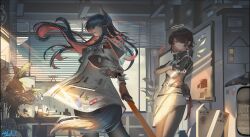  2girls absurdly_detailed_composition absurdres animal_ears arknights belt black_belt black_gloves black_hair black_pantyhose black_sleeves black_tail box brown_eyes brown_gloves cardboard_box chinese_commentary clock closed_mouth colored_inner_hair commentary_request cowboy_shot crossed_arms dated exusiai_(arknights) fingerless_gloves floating_hair food food_in_mouth fur-trimmed_hood fur-trimmed_sleeves fur_trim gloves hair_over_one_eye halo highres holding holding_sword holding_weapon hood hood_down hooded_jacket indoors jacket lens_flare loaded_interior long_hair looking_at_viewer multicolored_hair multiple_girls official_alternate_costume one_eye_covered pantyhose partial_commentary penguin_logistics_logo plant pocky pocky_in_mouth red_hair short_hair skirt standing star_(symbol) sunlight sword table tail texas_(arknights) texas_(winter_messenger)_(arknights) traditional_halo unzipped user_jyux3852 weapon white_jacket white_skirt whiteboard window wolf_ears wolf_girl wolf_tail yellow_halo zipper zipper_pull_tab 