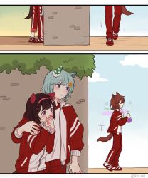  3girls agnes_tachyon_(umamusume) animal_ears aqua_hair black_hair blue_eyes blush brown_hair commentary_request covering_own_mouth ear_covers hair_between_eyes hairband highres holding holding_test_tube horse_ears horse_girl horse_tail jacket korean_commentary long_sleeves multiple_girls nishino_flower_(umamusume) open_clothes open_jacket open_mouth pants pink_hairband red_jacket red_pants rio_(rio_067) seiun_sky_(umamusume) shirt short_hair single_ear_cover tail test_tube translation_request umamusume violet_eyes white_shirt 