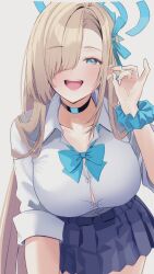  1girl asuna_(blue_archive) asuna_(school_uniform)_(blue_archive) blonde_hair blue_archive blue_bow blue_bowtie blue_eyes blue_halo blue_nails blue_ribbon blue_scrunchie blush bow bowtie breasts button_gap choker commentary_request hair_over_one_eye halo large_breasts long_hair looking_at_viewer nakano_kura official_alternate_costume pleated_skirt ribbon school_uniform scrunchie shirt skirt smile solo white_shirt wrist_scrunchie 