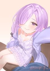  1boy 1girl blush breasts cardigan commentary_request dress granblue_fantasy hair_over_one_eye harvin highres long_bangs meshiya niyon_(granblue_fantasy) open_cardigan open_clothes pointy_ears pov purple_hair reaching reaching_towards_viewer sitting sitting_on_lap sitting_on_person small_breasts smile violet_eyes 