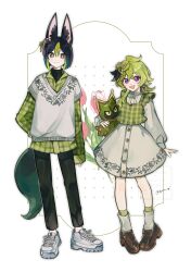  1boy 1girl :d alternate_costume animal_ear_fluff animal_ear_piercing animal_ears arm_behind_back black_hair black_pants brown_shoes closed_mouth collei_(genshin_impact) creature cuilein-anbar_(genshin_impact) dress earrings flower fox_boy fox_ears fox_tail full_body genshin_impact green_eyes green_hair green_shirt green_socks green_vest grey_dress grey_leg_warmers grey_vest hair_ornament highres holding holding_creature jewelry kneehighs leg_warmers loafers looking_at_viewer medium_hair mugi_(kyom_ugi) multicolored_hair open_mouth pants pink_flower pink_tulip plaid_clothes plaid_shirt plaid_vest shirt shoes short_hair simple_background single_earring smile sneakers socks streaked_hair tail tighnari_(genshin_impact) tulip turtleneck twitter_username vest violet_eyes watermark white_background white_shoes 