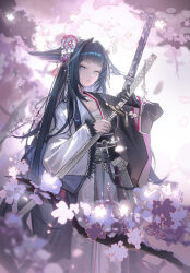  1girl 373159231 absurdres arknights artist_collaboration black_hair black_hands black_kimono cherry_blossoms chest_sarashi chinese_commentary colored_extremities commentary_request feet_out_of_frame floater_(floater80012059) flower grey_eyes hair_flower hair_ornament head_wings highres holding holding_sheath holding_sword holding_weapon hua_ze_you japanese_clothes kimono kino_(user_scft3885) long_hair long_sleeves looking_at_viewer making-of_available mio_(arknights) multicolored_kimono natsuko_iman parted_lips pink_flower red_kimono sarashi sheath solo sword unsheathing weapon white_flower white_kimono wide_sleeves wings 