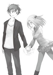  029 1boy 1girl blush boots breasts collarbone collared_shirt greyscale hair_between_eyes hand_on_own_face hataraku_maou-sama! highres holding_hands jacket large_breasts long_sleeves looking_down miniskirt monochrome novel_illustration official_art open_mouth pants pantyhose plaid_clothes plaid_shirt sasaki_chiho shirt short_hair simple_background skirt standing third-party_source two_side_up wide-eyed yusa_emi 