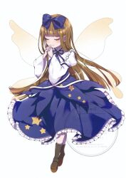  1girl blue_bow blue_dress blue_ribbon boots bow brown_boots brown_hair closed_eyes closed_mouth collared_shirt commentary_request dress drill_hair facing_viewer fairy fairy_wings frilled_shirt_collar frills full_body hair_bow highres interlocked_fingers long_hair long_sleeves mi_kamii2 neck_ribbon orange_wings own_hands_together ribbon shirt smile solo star_sapphire touhou very_long_hair watermark wide_sleeves wings 